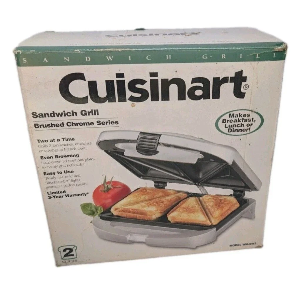 Cuisinart Sandwich Grill Brushed Chrome Series Silver Tested Working w/ Box EUC